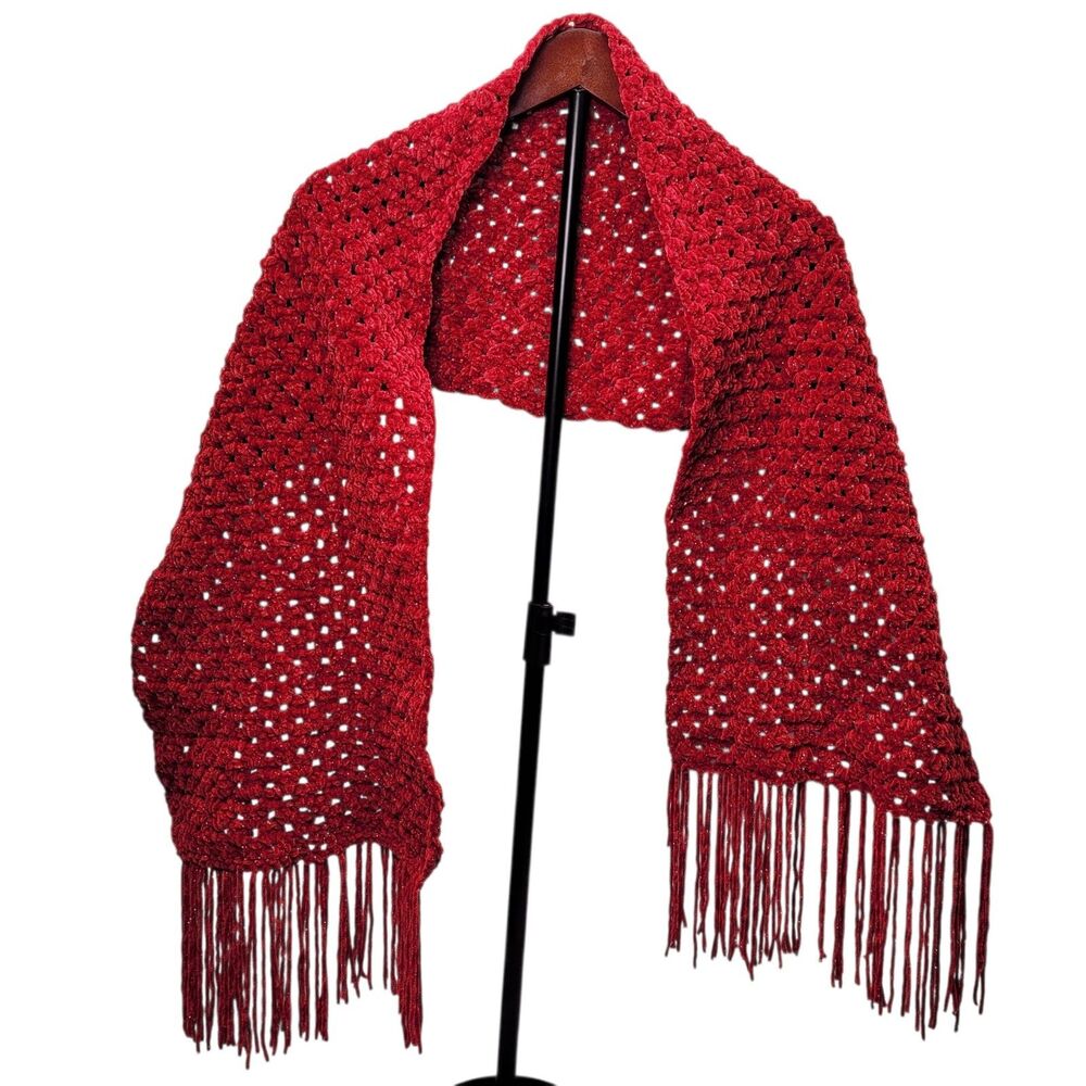 Handmade Red Velvety Smooth Sparkle Crochet Scarf Shawl with Fringe Open Weave